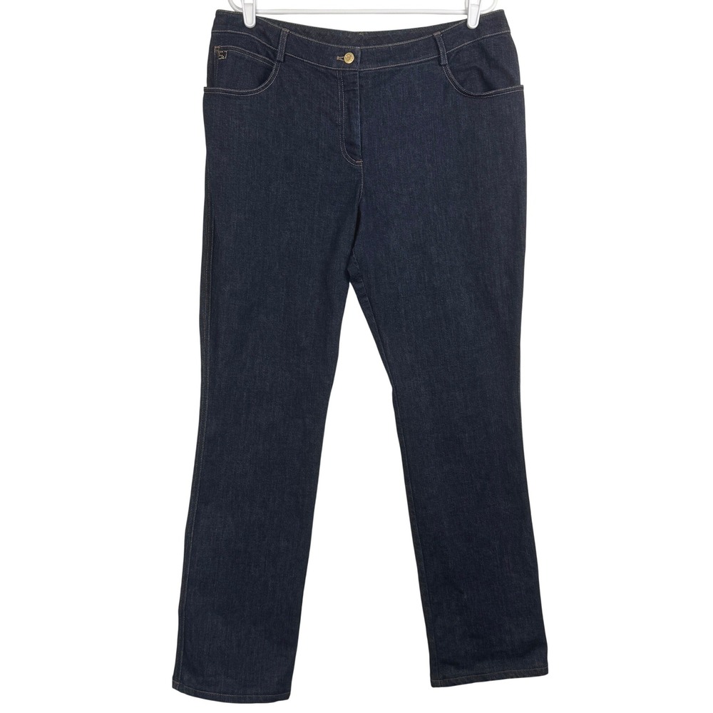 St. John Sport Dark Wash Straight Leg Denim Jeans Indigo Gold Hardware Size 14